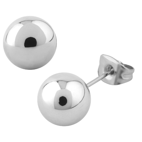 Polished Finish Ball Stainless Steel Stud Earrings, 7 Mm & 7 In.