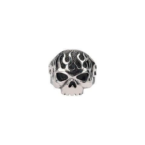 Oxidized Flamed Skull Stainless Steel Ring - Black - 9 In.