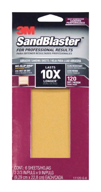 11120-g-6 1 By 3 Sanding Sheet Sandpaper With No Slip Grip Backing 120 Grit -