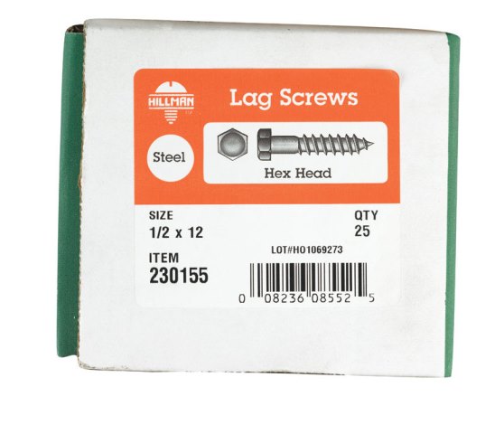 230155 0.5 X 12 In. Zinc Plated Hex Head Lag Screw Box Of 25