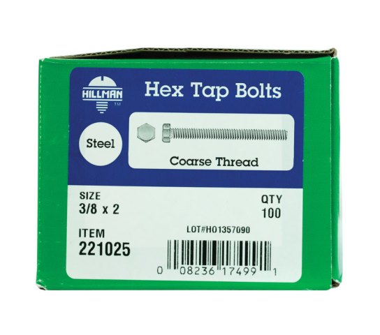 221025 0.375 X 2 In. Fully Threaded Hex Tap Bolt Zinc Finish - Box Of 100