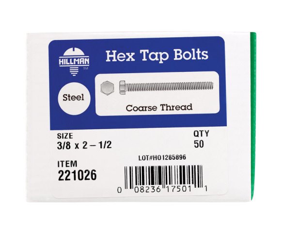221026 0.375 X 2.5 In. Fully Threaded Hex Tap Bolt Zinc Finish- Box Of 50