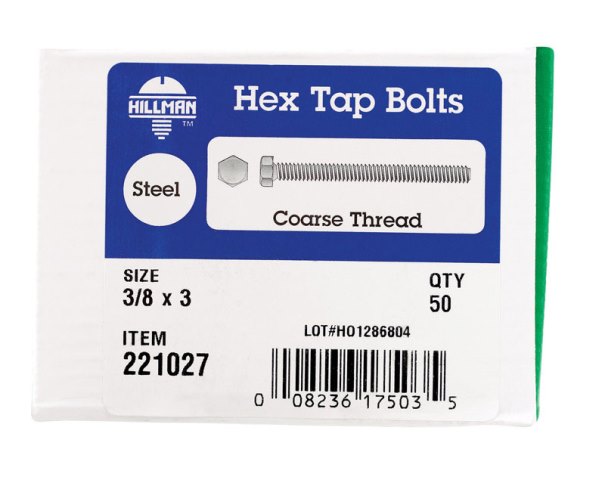 221027 0.375 X 3 In. Fully Threaded Hex Tap Bolt Zinc Finish - Box Of 50