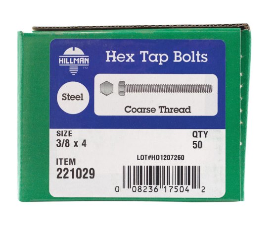 221029 0.375 X 4 In. Fully Threaded Hex Tap Bolt Zinc Finish - Box Of 50