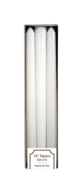 56135 10 In. Fragrance Free Taper Candles White - Set Of 6