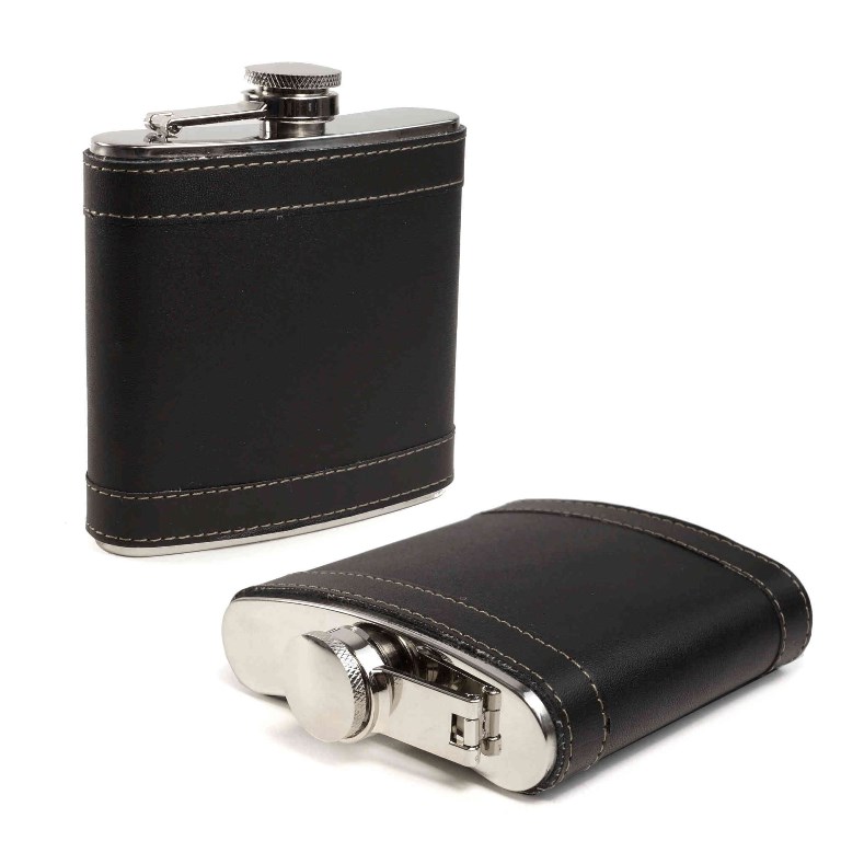 Tuff Luv I13-2 6 Oz Hip Flask, Black - Stainless Steel & Traditional Genuine Leather