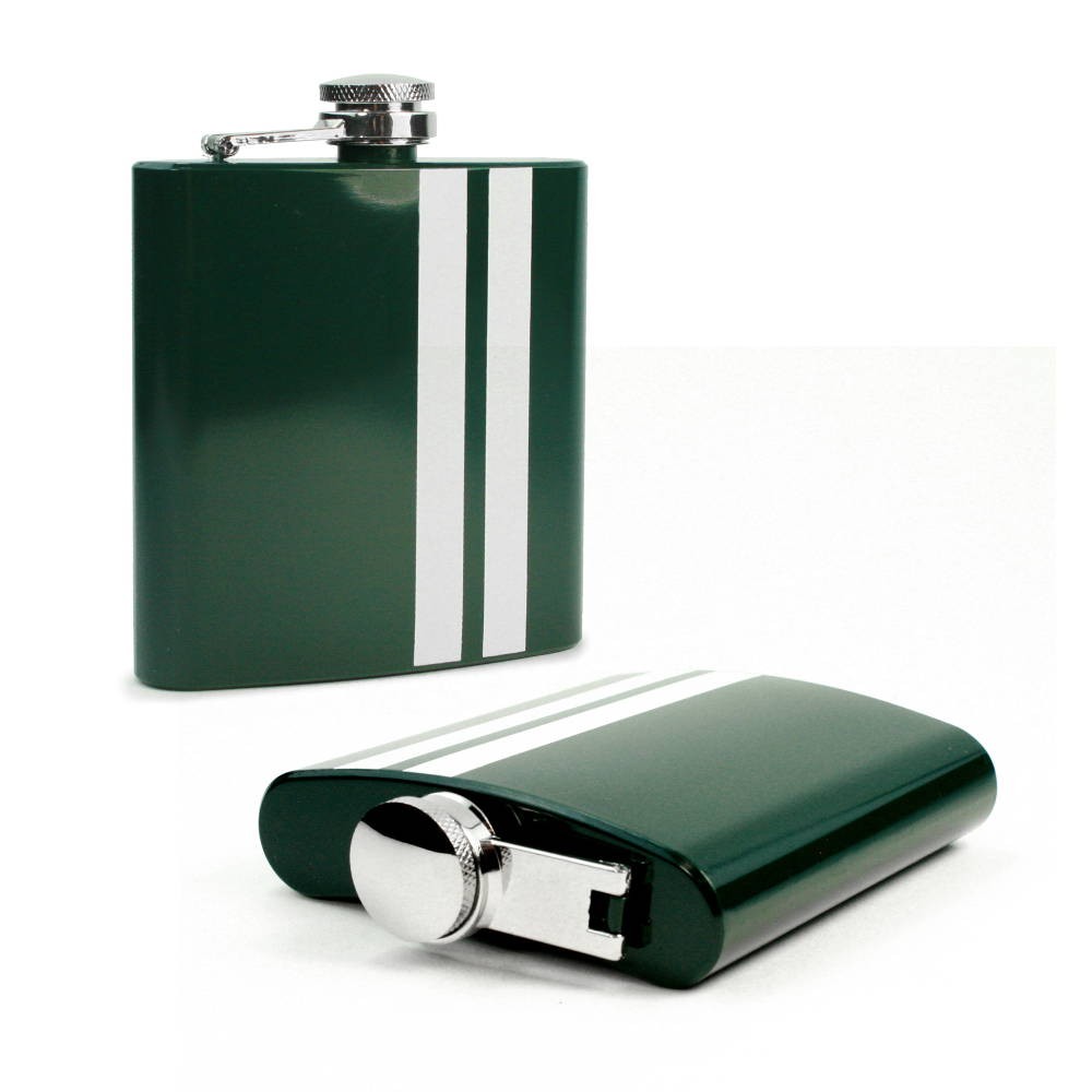 I13-33 6 Ozmodern Style Hip Flask, Green Stripe - Stainless Steel