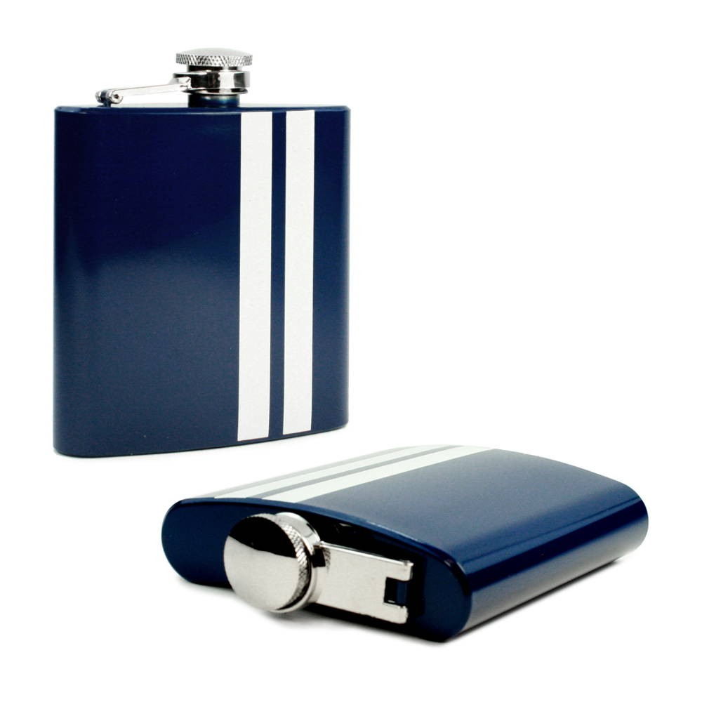 I13-32 6 Ozmodern Style Hip Flask, Blue Stripe - Stainless Steel