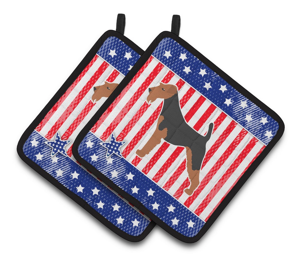 Bb3357pthd Usa Patriotic Airedale Terrier Pair Of Pot Holders