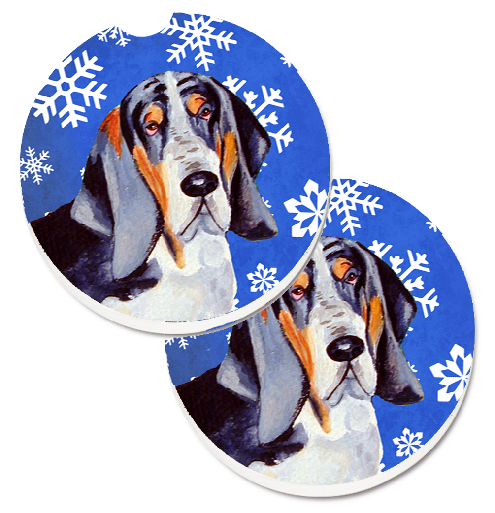 UPC 638508587664 product image for LH9282CARC Basset Hound Winter Snowflakes Holiday Set of 2 Cup Holder Car Coaste | upcitemdb.com