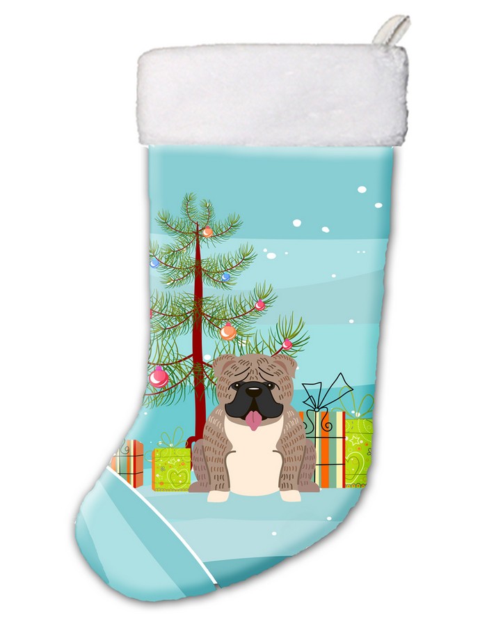 Bb4251cs Merry Christmas Tree English Bulldog Grey & Brindle Christmas Stocking