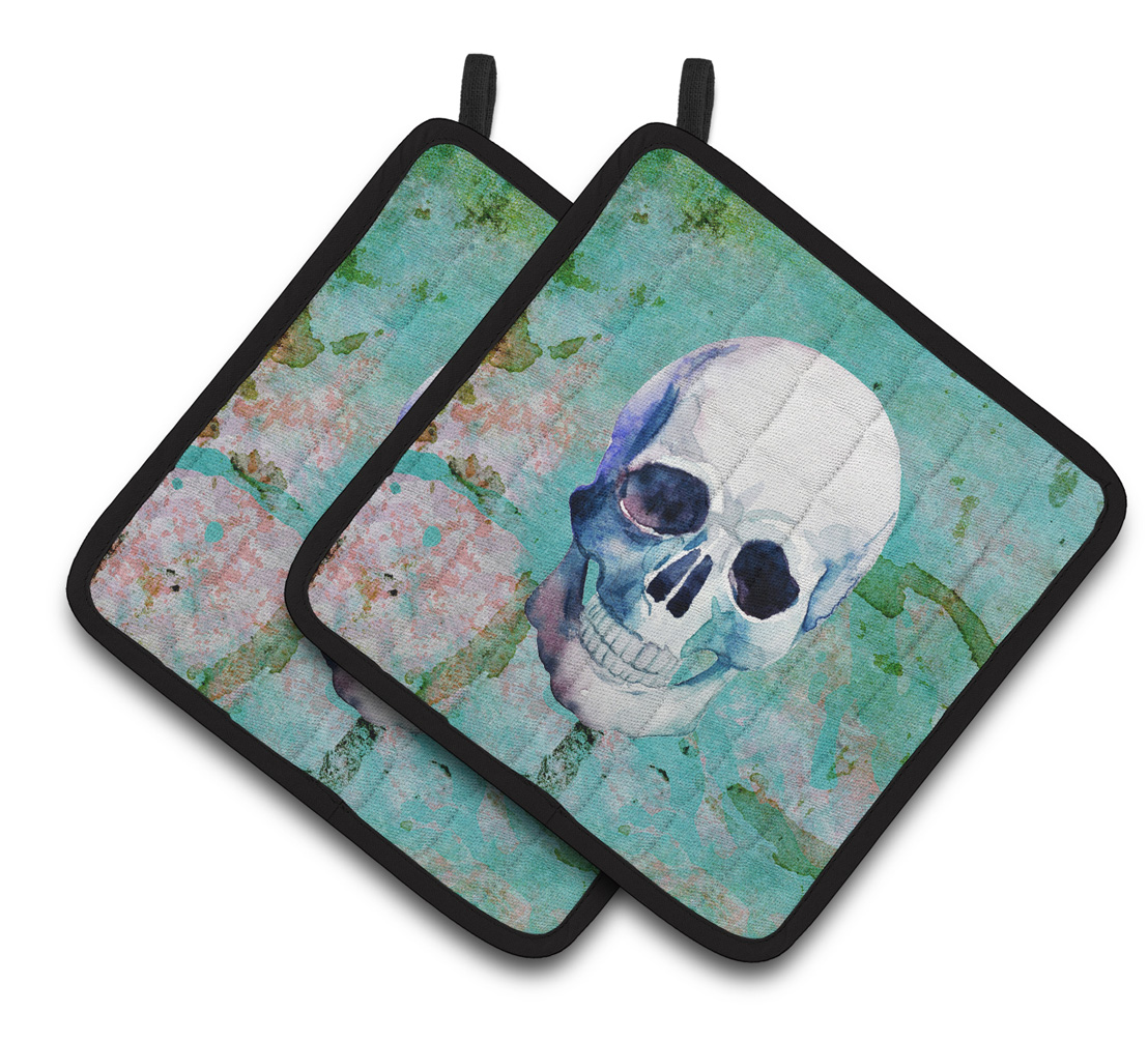 Bb5123pthd Day Of The Dead Teal Skull Pair Of Pot Holders