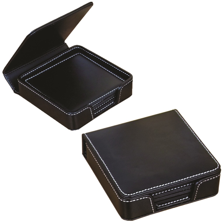 Bl3901 Five Individual Coasters With Case Set - Black With White Stitching - 12 Pack