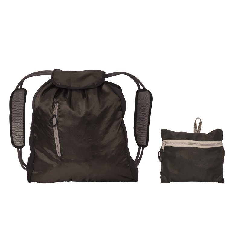 Kn9004 Huron Hustler Folding Drawstring Backpack Black - 12 Pack