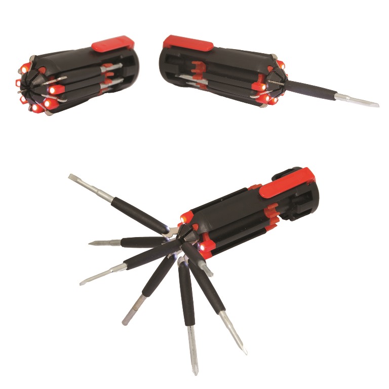 Mt8911 Turner Might 8 In 1 Screw Driver Set With Led Light - Black / Red - 12 Pack