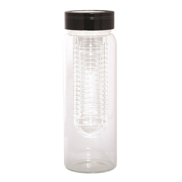 Wb8437 500 Ml 17 Oz Water Bottle With Fruit Infuser - Clear Glass Bottle / Black Lid - 12 Pack