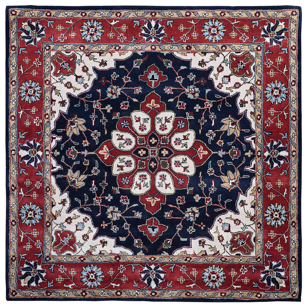 Tufted Kashan Covered Field Navy & Red Square Area Rug, 6 X 6 Ft.