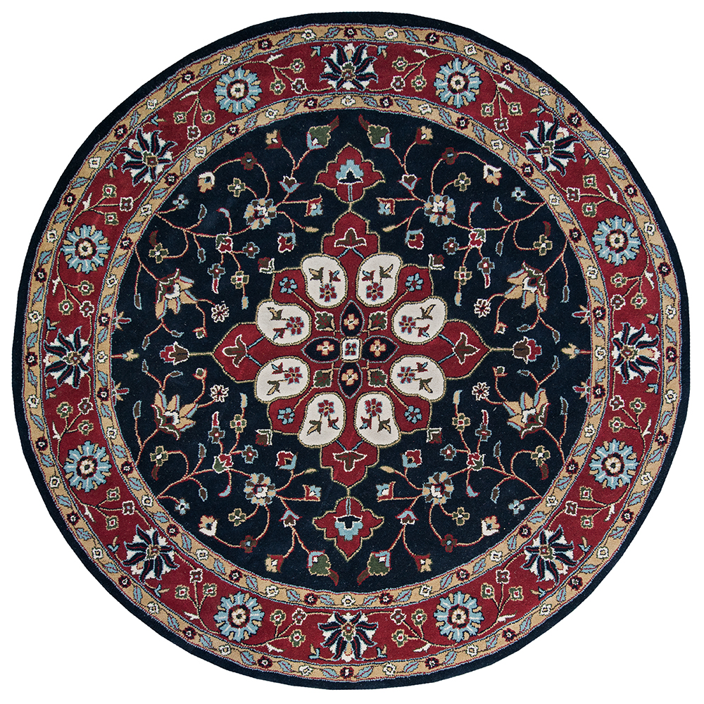 Tufted Kashan Covered Field Navy & Red Round Area Rug, 8 X 8 Ft.