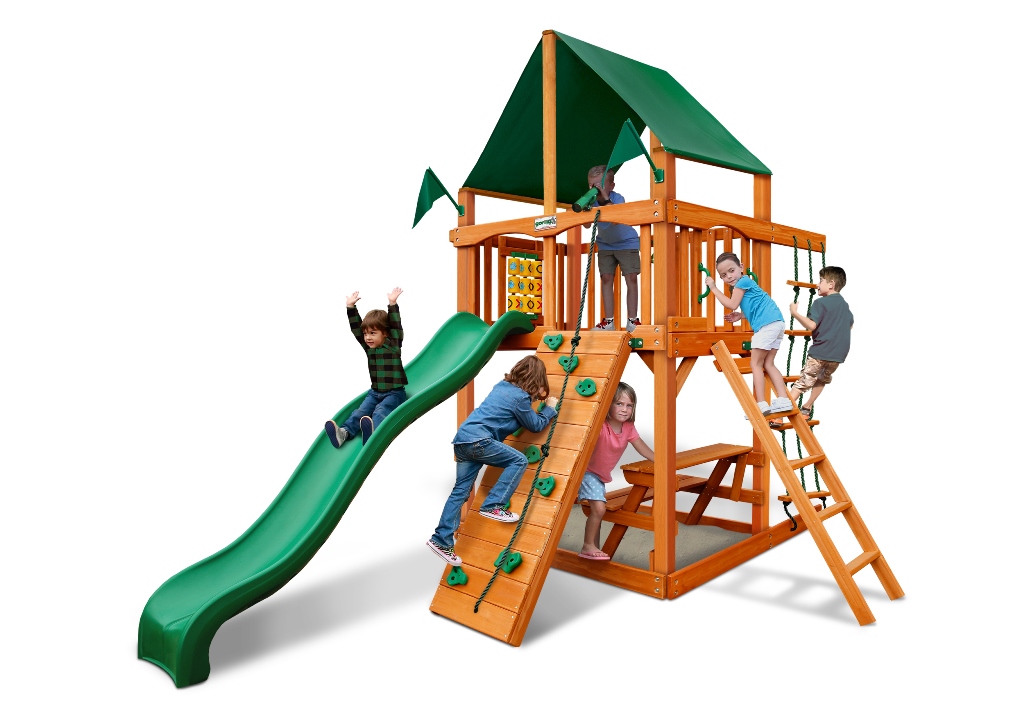 01-0061-ap-2 Chateau Tower Swing Set With Amber Posts & Sunbrella Canvas Forest Green Canopy
