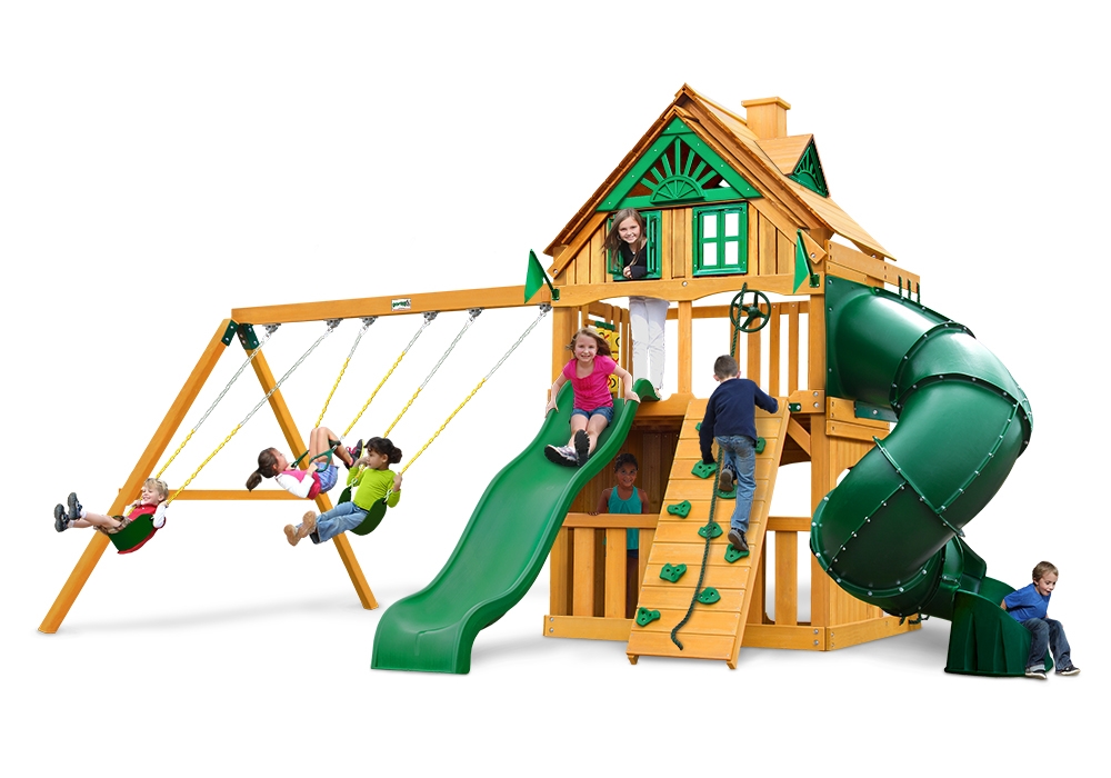 01-0054-ap Mountaineer Clubhouse Treehouse Swing Set With Amber Posts