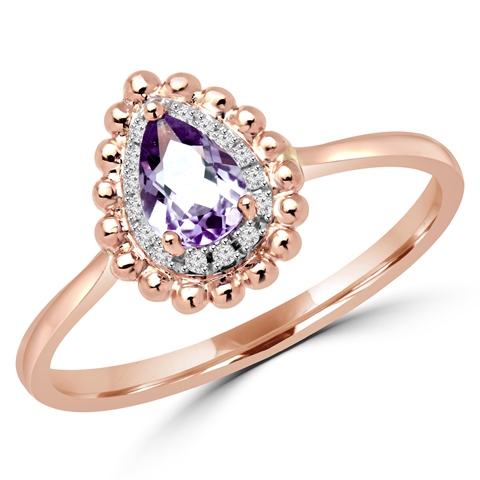 MD160099-6.25 0.38 CTW Pear Cut Amethyst & Diamond Halo Cocktail Promise Ring in 10K Rose Gold, Size 6.25