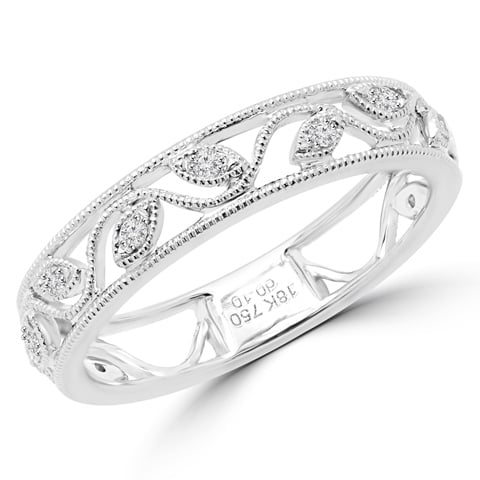 0.1 Ctw Diamond Accent Leaf Motif Wedding Anniversary Band Ring In 18k White Gold, Size 5.5
