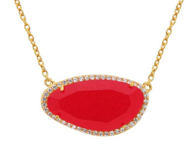 Gold Plated Sterling Silver Red Jade Slice Stone Pendant Necklace, 16 In. Plus Extension