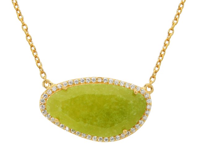 Gold Plated Sterling Silver Olive Jade Slice Stone Necklace, 16 In.