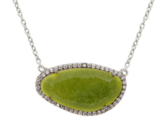 Platinum Plated Sterling Silver Olive Jade Slice Stone Necklace, 16 In.