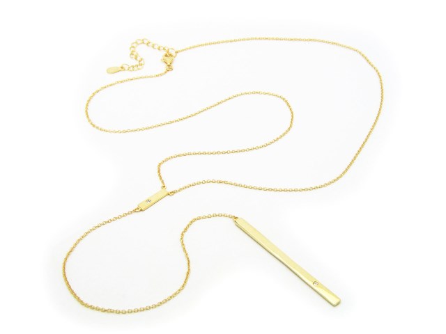 18k Gold Plated Sterling Silver Long Bar & Zirconia Y Lariat Necklace, 35 Plus 2 In. Extension