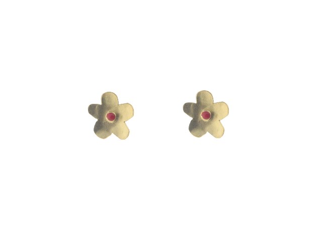 Gold Hammered Flower Studs With A Vibrant Coral Enamel Center Stone, 10 Mm