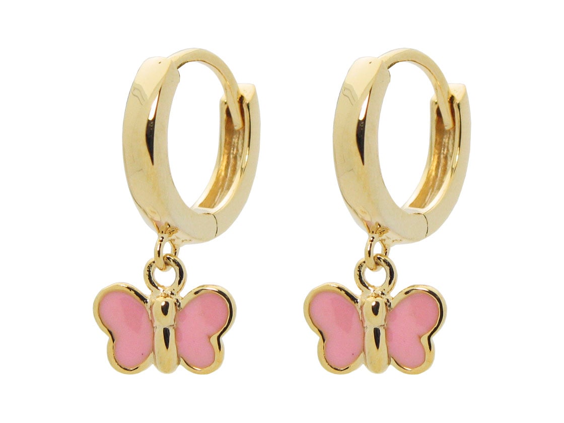 Girls Silver Gold Plated 10 Mm Huggie Earrings With Hanging Pink Enamel Butterfly Charm