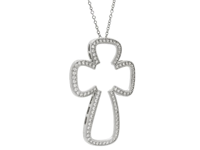 Large Rhodium Plated Silver Open Cross Pendant Necklace, 16 In.
