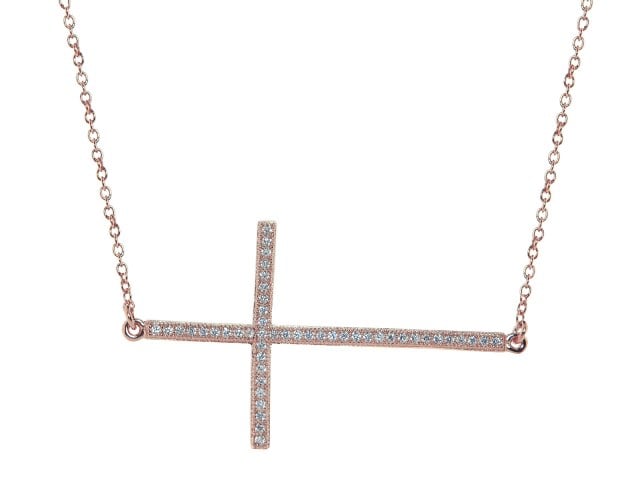 Rose Gold Plated Silver Large Sideways Cz Studded Cross Necklace, 16 In.