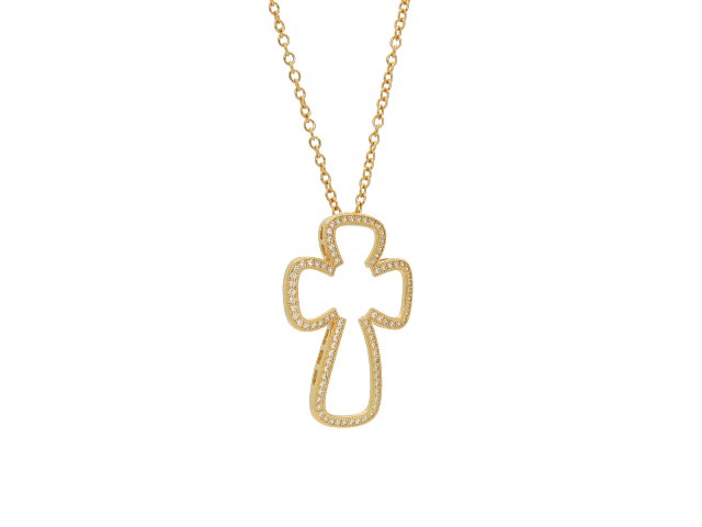 Large Curvy Open Cross Pendant Gold Plated Sterling Silver, 16 In.
