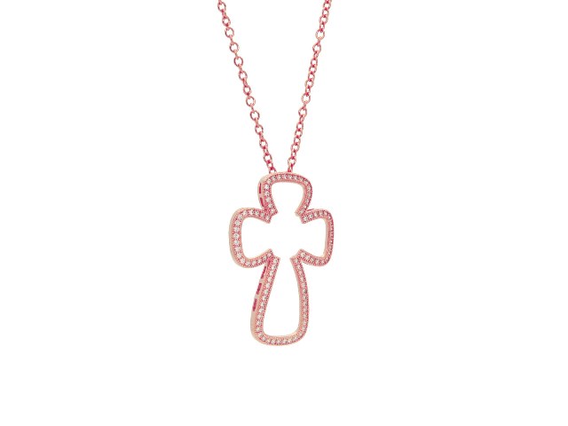 Large Curvy Open Cross Pendant Pink Plated Sterling Silver, 16 In.