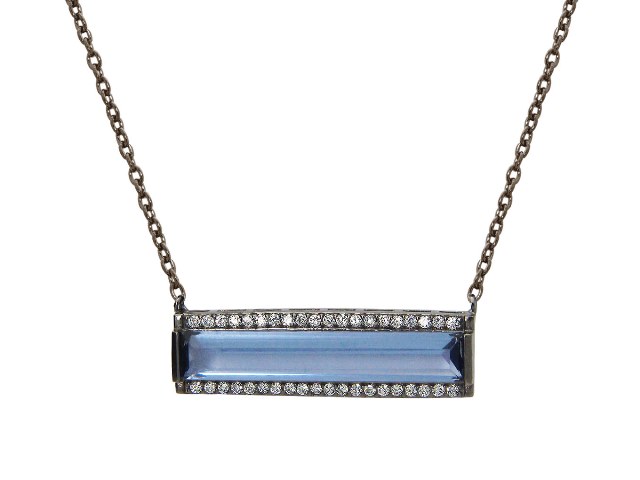 Silver Black Rhodium Horizontal Long Prisma Blue Cz Pave Frame Bar Necklace, 16 Plus 2 In.