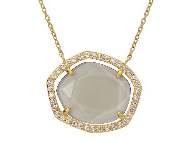 Silver Gold Plated Cz Slice Heptagon Milky Green Cz Around Necklace, 16 Plus 2 In.