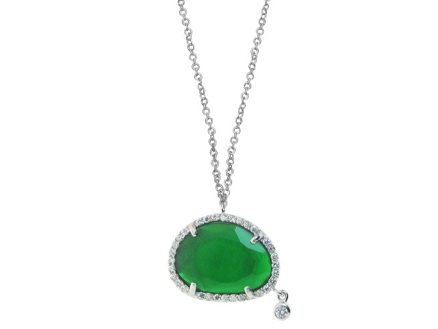 Silver Rhodium Plated Oval Free Form Green Slice Cz Circling, Necklace