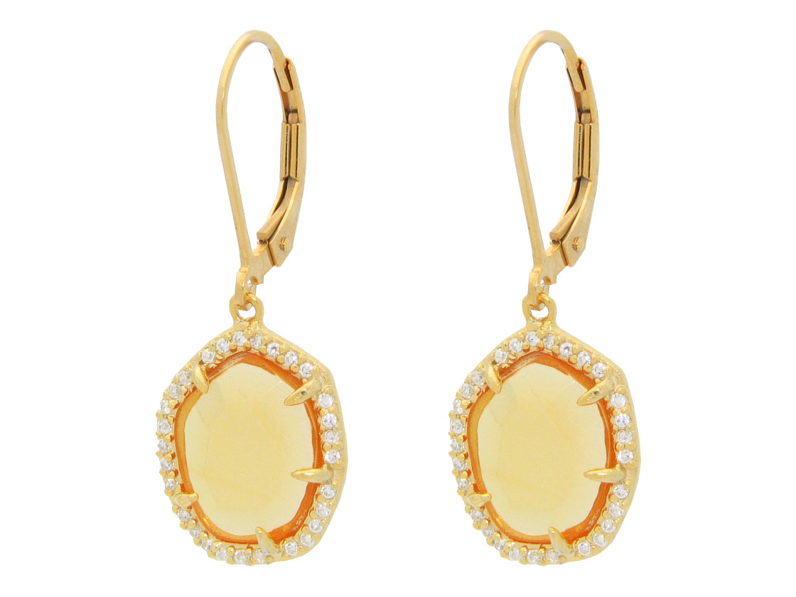 Silver Gold Plated Citrine Cz Slice Around Leaverback Earrings