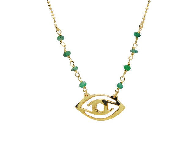 Silver Gold Plated 16 Plus 2 In. Necklace Jade Beads & Eye Pendant