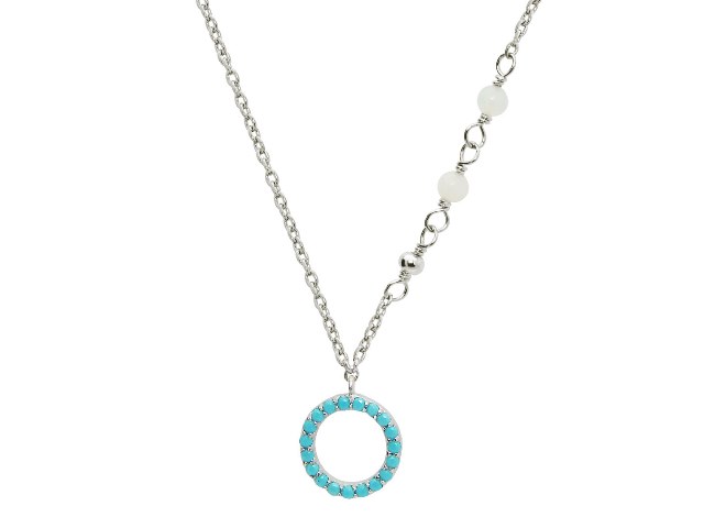 Silver Rhodium Plated Circle Pendant Nano Turquoises Necklace, 15.5 Plus 2 In.