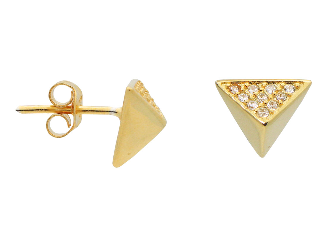 Silver Gold Plated Triangle Pyramid Stud Earrings Cz Side, 0.9 Mm