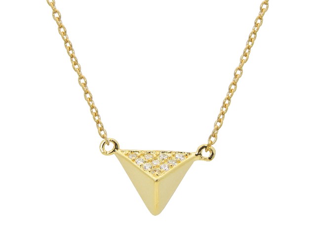 Silver Gold Plated Triangle Pyramid Pendant Necklace, 15 In. Plus 1 In. Cz Side 0.9 Mm