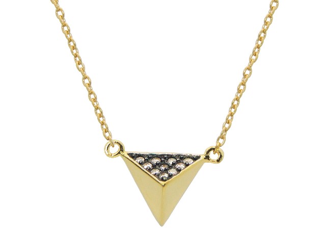 Silver Gold Plated Triangle Pyramid Pendant Necklace, 15 In. Plus 1 In. Cz Side Black Rhodium 0.9 Mm