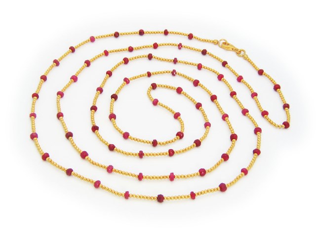 Gold Plated Silver Beads & Ruby Necklace, 42 In.