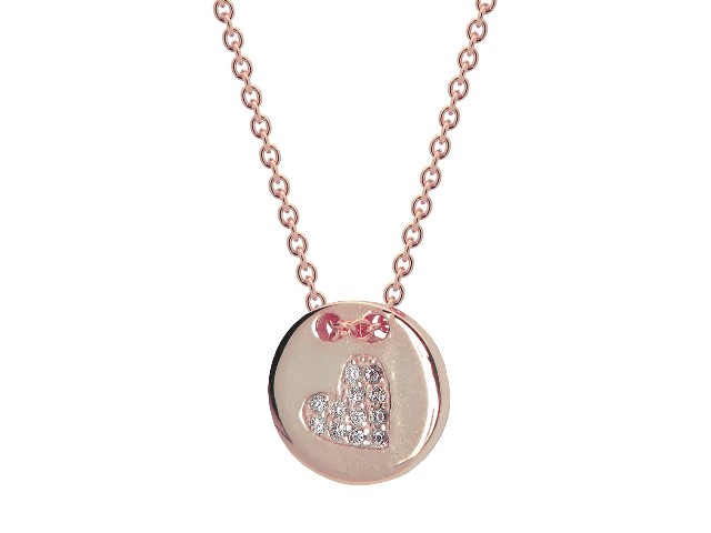 Silver Pink Plated Cz Heart 10 Mm Disc Necklace, 15.5 Plus 1.5 In.