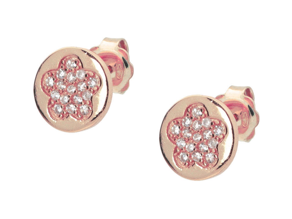 Silver Pink Plated Cz Pave Flower 8 Mm Circle Stud Earrings