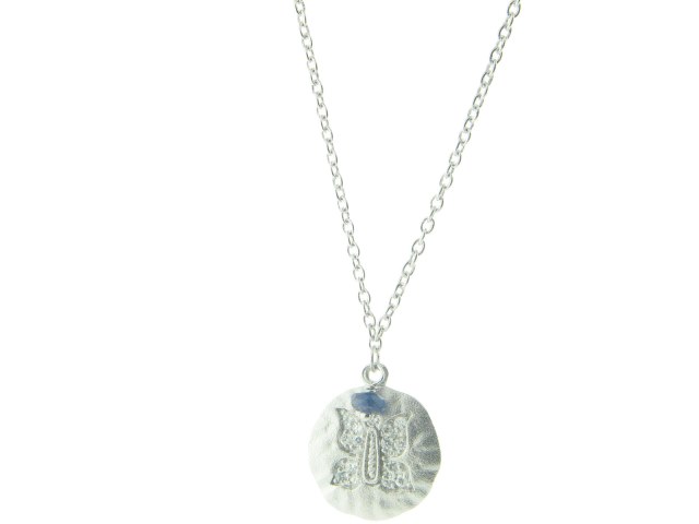 Silver Rhodium Plated 15 Mm Hammered Disc Pendant With Embossed Cz Butterfly Necklace, 16 Plus 2 In.