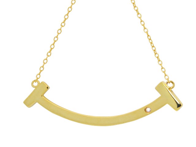 Fine Sterling Silver Engraveable Curved Smile Necklace In 18k Gold Plated, 16 In. Plus 2 In.